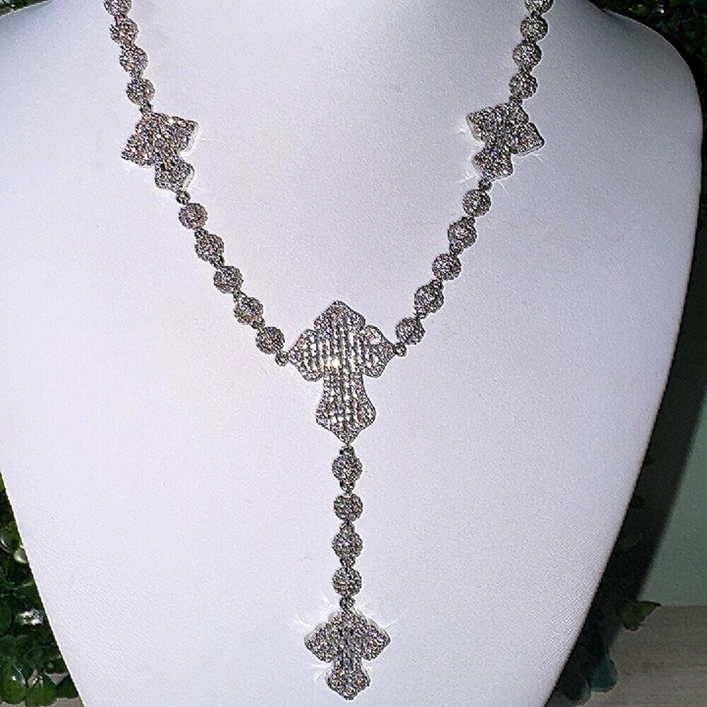 Silver Cross Necklace With Rhinestones 16inch